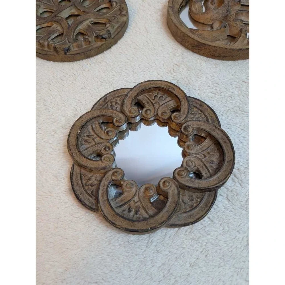 Ornate Decorative Round Mirrors Set of 3 Brown Rustic Vintage Accent